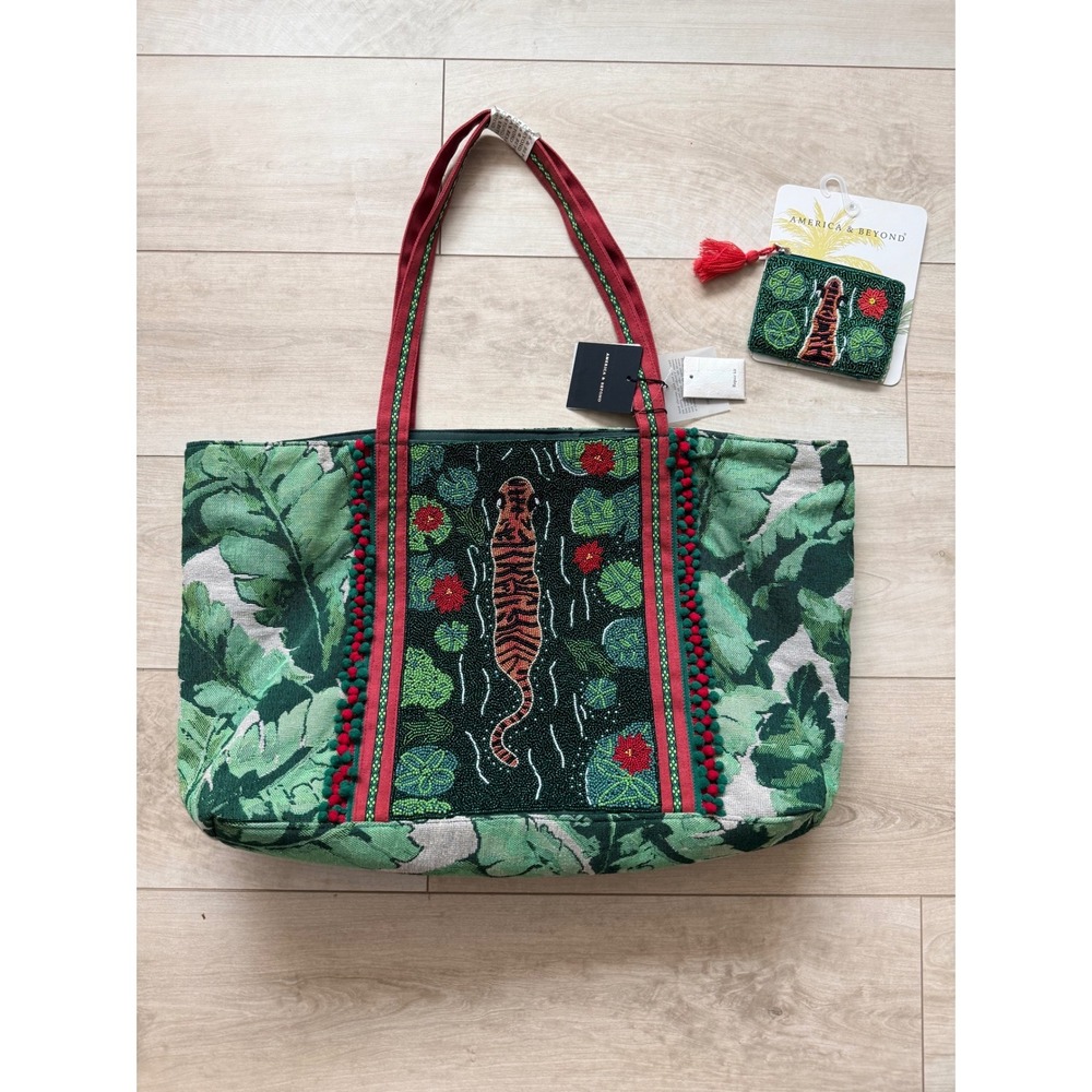 America & Beyond Beaded Tote Set - 2 Piece Green Tiger Bag & Coin Pouch NWT